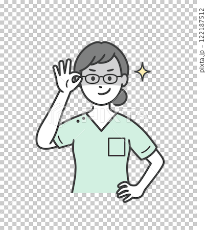 A young female dentist raising her glasses and grinning slyly 122187512