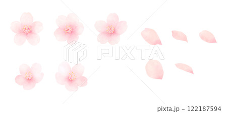 満開の桜の水彩イラストセット　かわいい手描きの春の花の素材 122187594