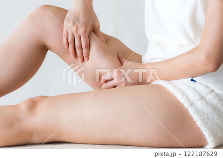 若い女性の太もものセルライトのクローズアップ. 若い女性の太もものセルライトのクローズアップ. 122187629