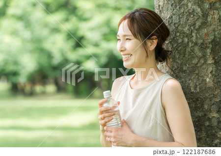 ペットボトルの水・ミネラルウォーター・白湯を飲むリラックスした女性 122187686
