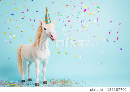Cute unicorn with party hat and confetti on blue background. Birthday celebration 122187702