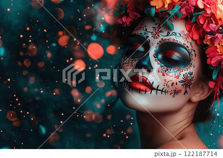 Day of the Dead. Close-up portrait of a beautiful woman with sugar skull makeup. 122187714