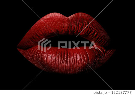 Red glossy lips on black background. Close up of female lips. 122187777