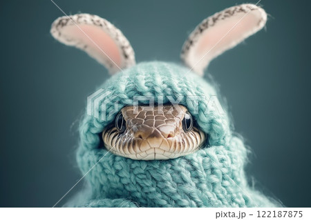 Cute snake dressed in a knitted hat with bunny ears and a scarf. Cute snake dressed in a knitted hat with bunny ears and a scarf. 122187875
