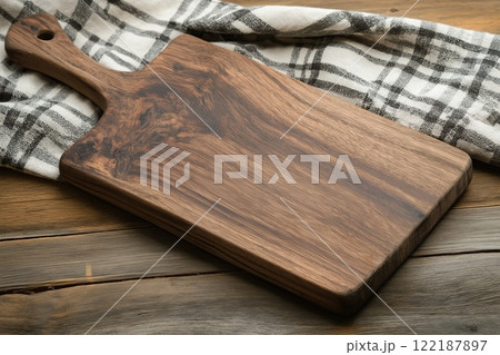 Wooden cutting board and kitchen towel on wooden table. Wooden cutting board and kitchen towel on wooden table. 122187897