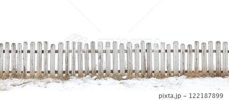 Old wooden fence isolated on a white background. Old wooden fence isolated on a white background. 122187899