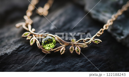 リーフデザインのグリーンペリドットネックレス 122188243