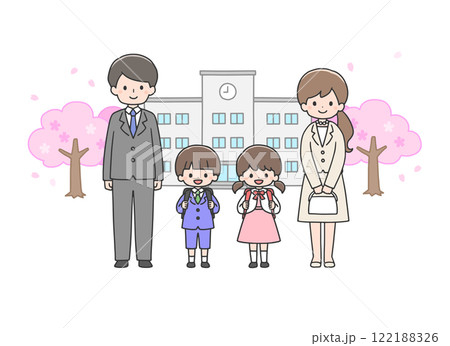 入学式 校舎の前に立つ子どもたちと両親のイラスト素材 [122188326] - PIXTA