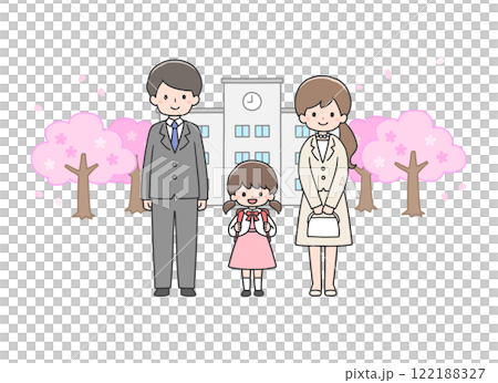 入学式　校舎の前に立つ女の子と両親 122188327