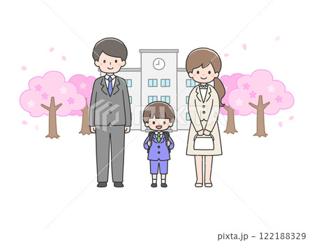 入学式　校舎の前に立つ男の子と両親 122188329