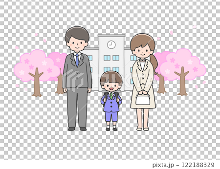 入学式　校舎の前に立つ男の子と両親 122188329