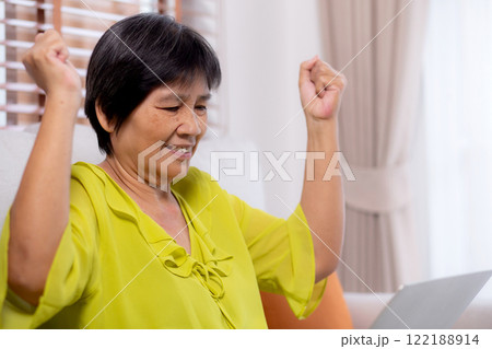 Asian senior woman sitting on sofa using laptop computer for looking social media with success. 122188914