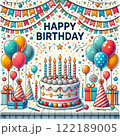 カラフルで楽しい誕生日パーティーのイラスト｜バースデーデザイン素材 122189005