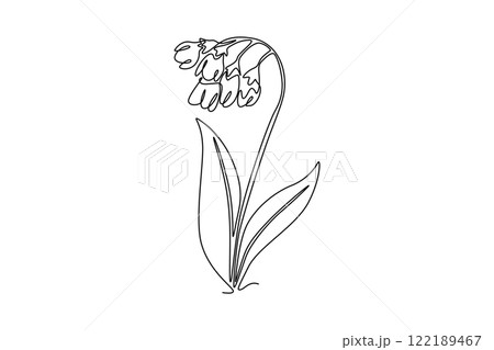 Single one line drawing of beauty fresh symphytum for garden logo. Decorative comfrey flower concept for home decor wallpaper art poster print. Continuous line draw design graphic vector illustration Single one line drawing of beauty fresh symphytum for garden logo. Decorative comfrey flower concept for home decor wallpaper art poster print. Continuous line draw design graphic vector illustration 122189467