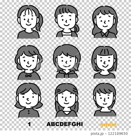 いろいろな若いアジア系・日本人女子・女性の顔アイコン　笑顔 122189650