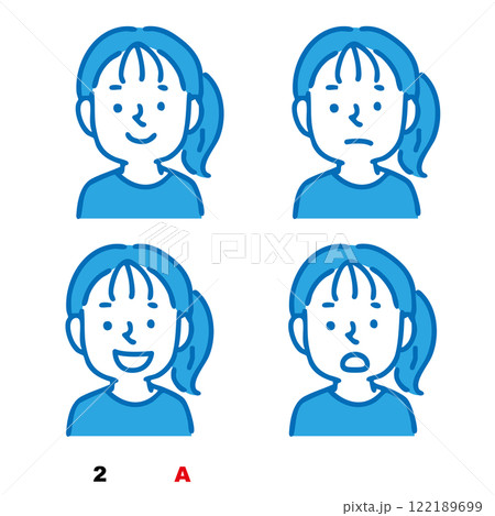 4つの表情の女子・女性 顔アイコン(青 単色) 4つの表情の女子・女性 顔アイコン(青 単色) 122189699