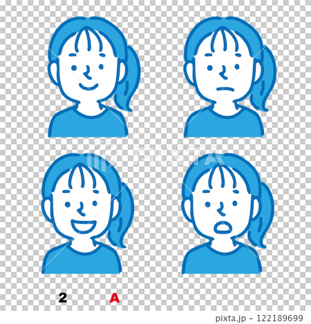 4つの表情の女子・女性 顔アイコン(青 単色) 4つの表情の女子・女性 顔アイコン(青 単色) 122189699