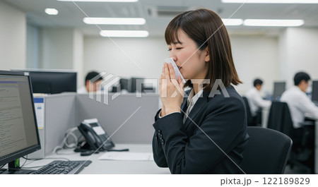 職場で寒そうにクシャミをしている女性 122189829