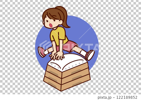 Female elementary school student jumping over a box 122189852