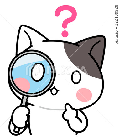 虫眼鏡を覗いて頭上に？マークを浮かべる猫のキャラクター 122189928