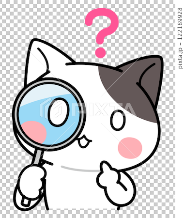 虫眼鏡を覗いて頭上に？マークを浮かべる猫のキャラクター 122189928