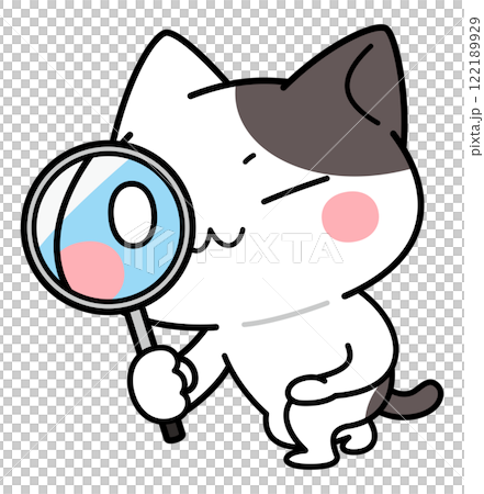 A cat character 2 squatting and looking through a magnifying glass 122189929