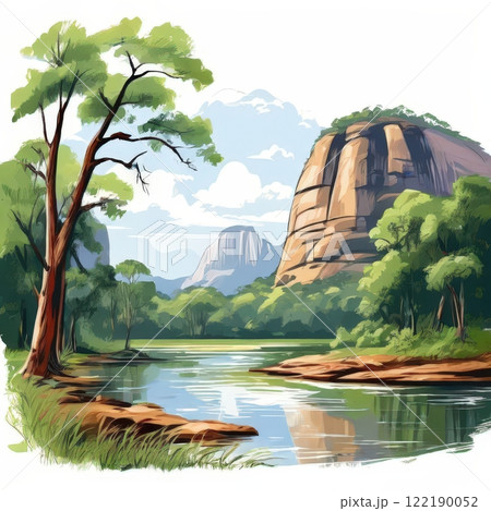 the AI Image Scenic Landscape Featuring Rocky Hills, Calm River, and Lush Greenery the AI Image Scenic Landscape Featuring Rocky Hills, Calm River, and Lush Greenery 122190052