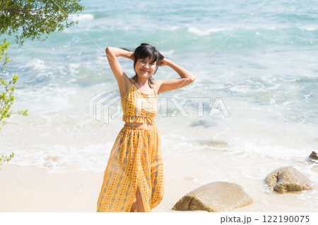 Woman Happy Smile Portrait Summer Travel on Beach Sea with Overlay Sunny Day, Beuaty People Health Mind Mental Wellbeing Trip Summertime Relax Vacation Fun Girl Face Asian Skin Tan Outside Nature. Woman Happy Smile Portrait Summer Travel on Beach Sea with Overlay Sunny Day, Beuaty People Health Mind Mental Wellbeing Trip Summertime Relax Vacation Fun Girl Face Asian Skin Tan Outside Nature. 122190075