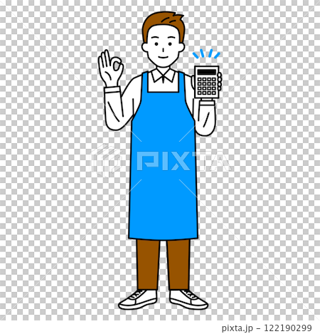 A man in an apron holding a calculator and making an OK sign (full body) 122190299