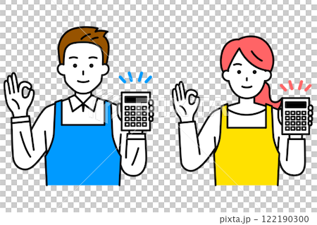 Set of men and women in aprons holding a calculator and making an OK sign 122190300