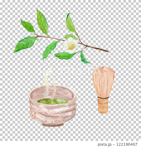 お茶の花と抹茶の水彩イラスト 122190407