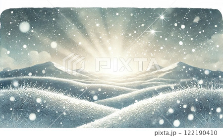 雪が降り注ぐ静寂な冬の丘と輝く朝日 122190410