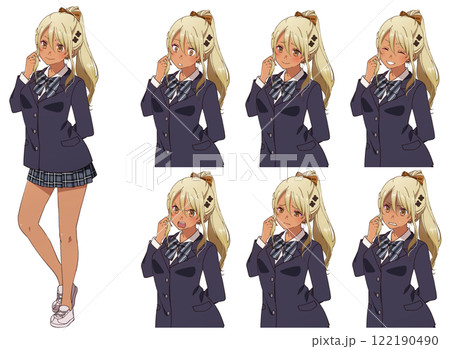 学生服を着た金髪褐色ギャルの立ち絵 122190490