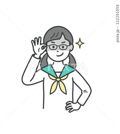 眼鏡を上げて悪巧みしてニヤける女子学生女子 122191058