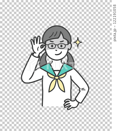 眼鏡を上げて悪巧みしてニヤける女子学生女子 122191058