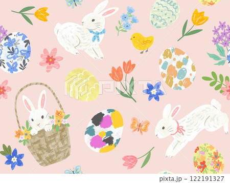 ポップでかわいい手描きのイースター柄。オシャレなイースターのシームレスパターン。 122191327