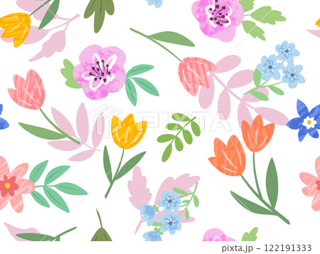 手描きのかわいい春の草花の背景透過なシームレスパターン。チューリップと草花のテキスタイルデザイン。 122191333