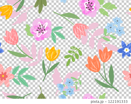 手描きのかわいい春の草花の背景透過なシームレスパターン。チューリップと草花のテキスタイルデザイン。 122191333