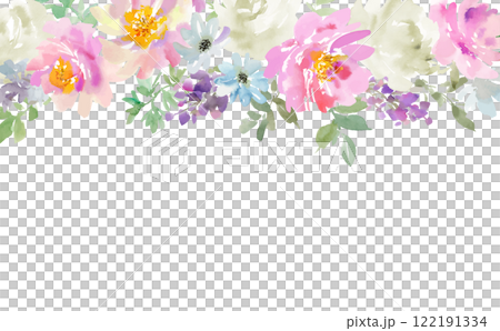 水彩で描いた抽象的な芍薬と薔薇の背景用ベクターイラスト。水彩の草花のフレーム。 122191334