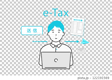 Illustration of a young man filing his tax return online Illustration of a young man filing his tax return online 122191569