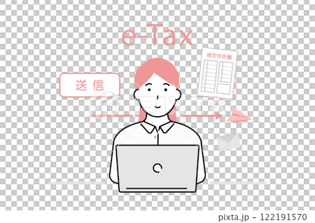 一名年輕女子在線上提交報稅表的插圖 122191570