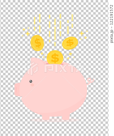 Falling glittering dollar coins and a smiling piggy bank - Illustration material showing income and money savings 122191572