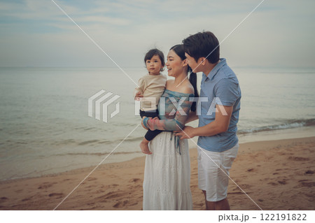 toddler baby girl with her father and mother. happy family on sea beach in Pattaya, Thailand toddler baby girl with her father and mother. happy family on sea beach in Pattaya, Thailand 122191822