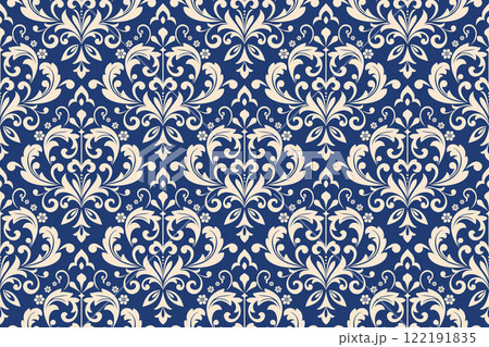 Wallpaper in the style of Baroque. Seamless vector background. Golden and dark blue floral ornament. Graphic pattern for fabric, wallpaper, packaging. Ornate Damask flower ornament 122191835