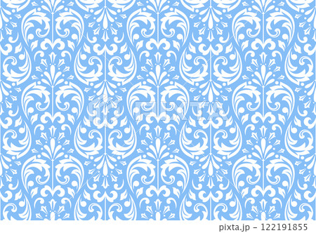 Floral pattern. Vintage wallpaper in the Baroque style. Seamless vector background. White and blue ornament for fabric, wallpaper, packaging. Ornate Damask flower ornament Floral pattern. Vintage wallpaper in the Baroque style. Seamless vector background. White and blue ornament for fabric, wallpaper, packaging. Ornate Damask flower ornament 122191855