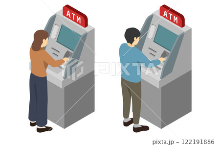 アイソメトリックイラスト：ATMでお金をおろす人 122191886