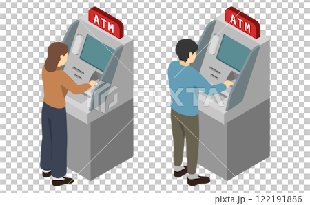 アイソメトリックイラスト：ATMでお金をおろす人 122191886