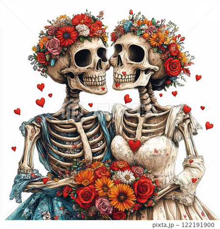 Skeleton Bride and Groom Wedding Art, Gothic romantic illustration of skeleton couple in wedding attire with red roses and hearts, perfect for alternative wedding designs. 122191900