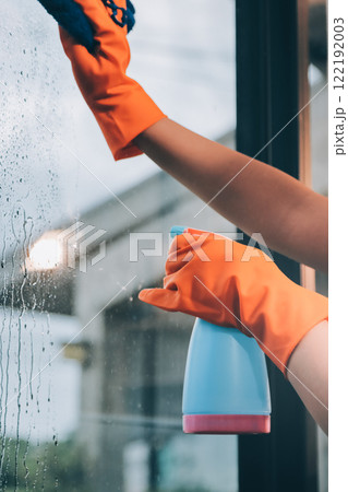 Young female worker cleaning window glass with cloth in spacious villa Young female worker cleaning window glass with cloth in spacious villa 122192003