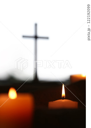 Holy Cross of Jesus Christ and Brightly Glowing Candle Candlelight, Religious Painting Faith Christian Background 122192099